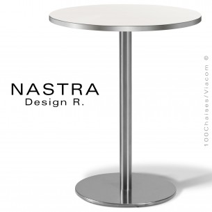 Table repas, collection NASTRA, piétement chromé brillant ou inox brossé ou poli, plateau rond stratifié HPL.