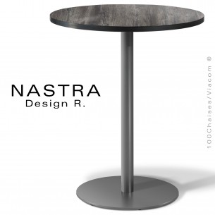 Table repas NASTRA, piétement colonne centrale sur platine de sol rond peint, plateau stratifié HPL aspect bois ou matière.