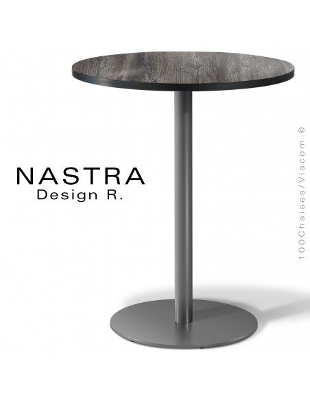 Table repas NASTRA, piétement colonne centrale sur platine de sol rond peint, plateau stratifié HPL aspect bois ou matière.