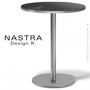 Table repas pour hôtel, restaurant gamme NASTRA, piétement colonne centrale sur platine de sol ronde chromé ou inox.
