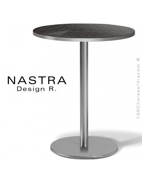 Table repas pour hôtel, restaurant gamme NASTRA, piétement colonne centrale sur platine de sol ronde chromé ou inox.