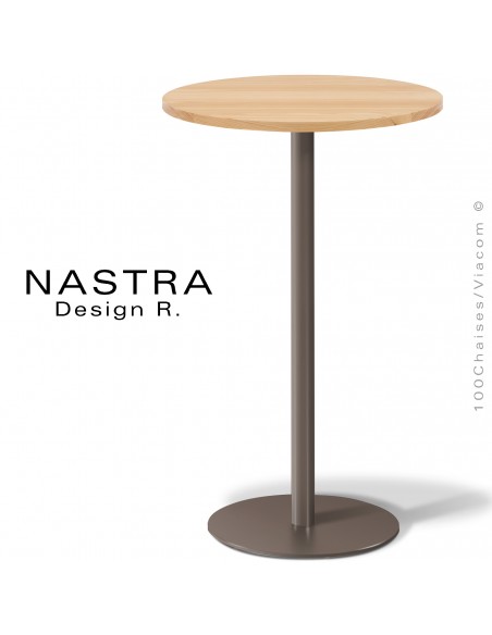 Table haute ou mange debout collection NASTRA, piétement colonne centrale peint ou chromé et inox, plateau bois massif.