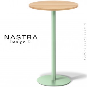 Table haute ou mange debout collection NASTRA, piétement colonne centrale peint ou chromé et inox, plateau bois massif.