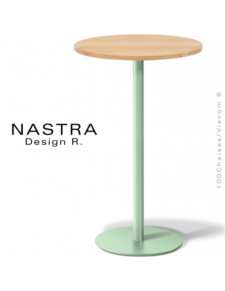 Table haute ou mange debout collection NASTRA, piétement colonne centrale peint ou chromé et inox, plateau bois massif.