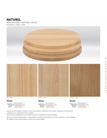 Palette plateau bois massif naturel pour table haute ou mange debout NASTRA, essences pin, frêne ou chêne, teinté incolore.