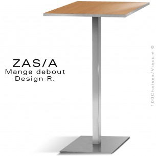 Table haute ou mange debout ZAS, platine de sol carré sur colonne centrale carré, finition chromé brillant plateau HPL.