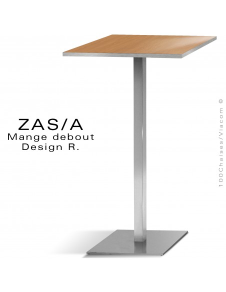 Table haute ou mange debout ZAS, platine de sol carré sur colonne centrale carré, finition chromé brillant plateau HPL.