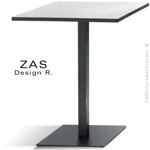 Table repas pour CHR, gamme ZAS, piétement platine de sol carré sur colonne carré peinture noir, plateau stratifié HPL.