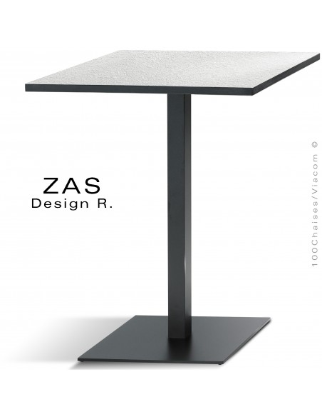 Table repas pour CHR, gamme ZAS, piétement platine de sol carré sur colonne carré peinture noir, plateau stratifié HPL.