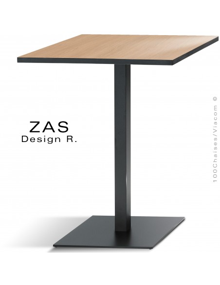 Table repas pour CHR, gamme ZAS, piétement platine de sol carré sur colonne carré peinture noir, plateau stratifié HPL.
