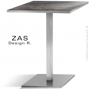 Table repas CHR, piétement colonne centrale sur basse carré, chromé brillant, inox brossé, inox poli, collection ZAS.