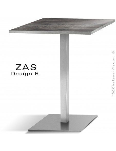 Table repas CHR, piétement colonne centrale sur basse carré, chromé brillant, inox brossé, inox poli, collection ZAS.