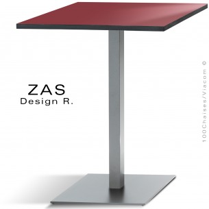 Table repas pour CHT, colonne centrale sur platine de sol carré, finition peinture polyester, plateau HPL couleur unie rouge.
