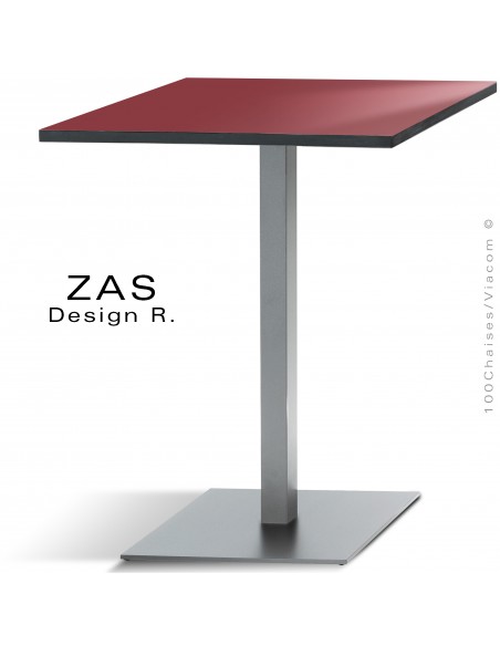 Table repas pour CHT, colonne centrale sur platine de sol carré, finition peinture polyester, plateau HPL couleur unie rouge.