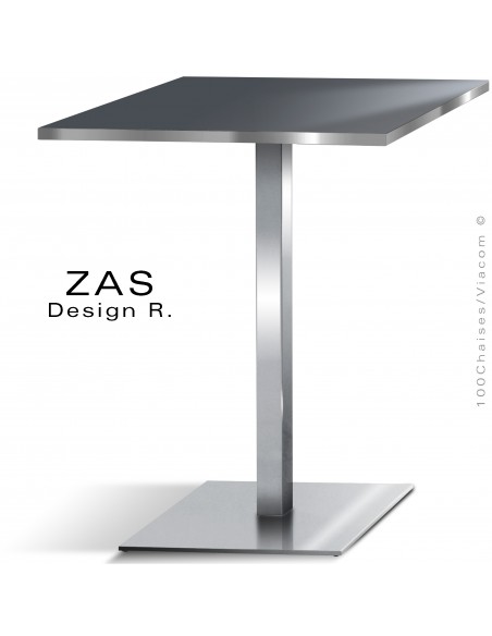 Table repas CHR, modèle ZAS, piétement colonne centrale sur platine de sol carré chromé brillant, plateau stratifié.