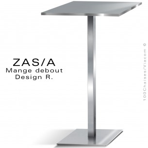 Table haute ou mange debout ZAS, piétement colonne centrale sur platine de sol carré chromé brillant, plateau HPL unicolore.