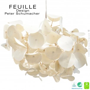 Grande suspension lumineuse FEUILLE-130 en bois massif de Bouleau feuillage feutre 100% laine, anti-feu et absorbant le son.