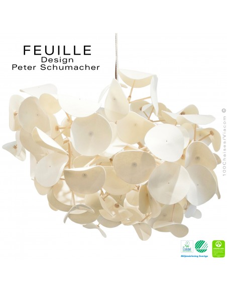 Grande suspension lumineuse FEUILLE-130 en bois massif de Bouleau feuillage feutre 100% laine, anti-feu et absorbant le son.