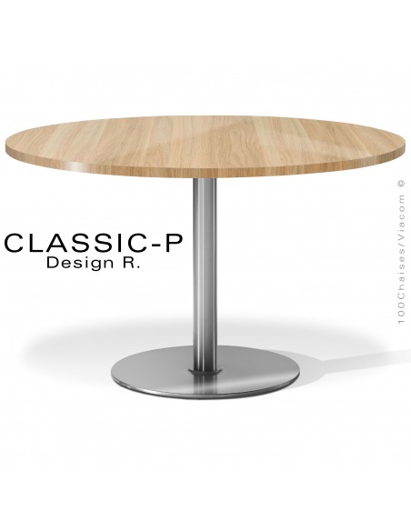 Table CHR, piétement chromé brillant, plateau chêne massif. Table collection CLASSIC.