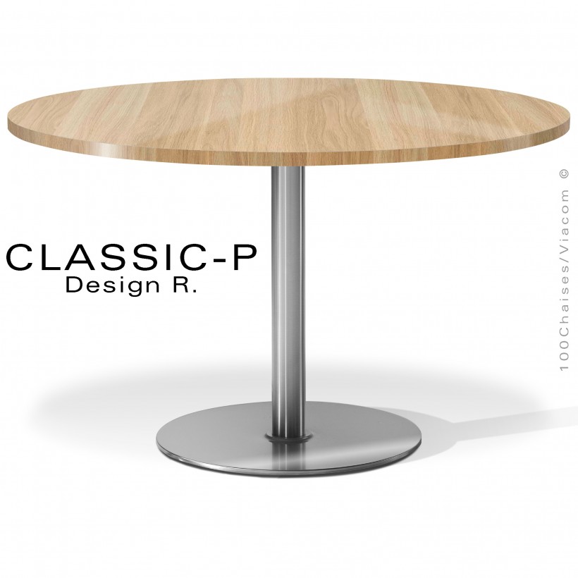 Table CHR, piétement chromé brillant, plateau chêne massif. Table collection CLASSIC.