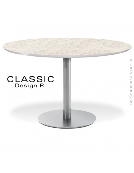 Table ronde repas CHR, CLASSIC, piétement colonne centrale acier peint, chromé brillant, inox brossé, plateau stratifié HPL.
