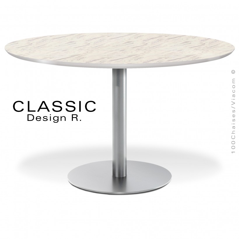 Table ronde repas CHR, CLASSIC, piétement colonne centrale acier peint, chromé brillant, inox brossé, plateau stratifié HPL.