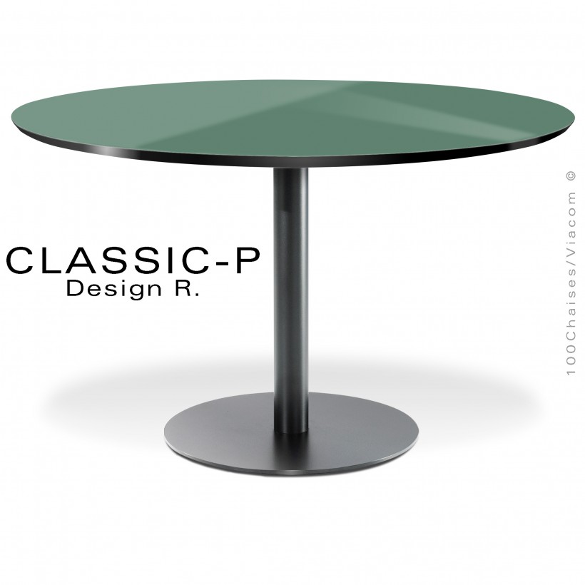 Table ronde CLASSIC, plateau stratifié unicolore HPL, piétement colonne centrale sur platine de sol ronde peint.