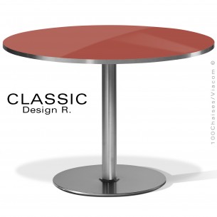 Table ronde repas, CLASSIC piétement inox brossé, colonne centrale sur platine de sol ronde, plateau rond stratifié rose.