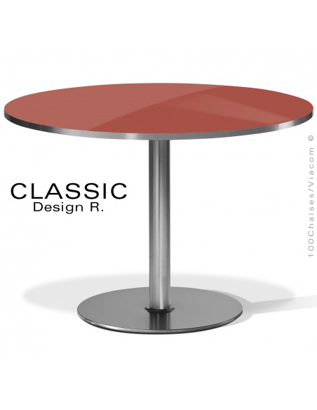 Table ronde repas, CLASSIC piétement inox brossé, colonne centrale sur platine de sol ronde, plateau rond stratifié rose.