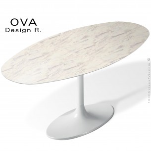 Table design OVA, plateau MDF, stratifié aspect marbre blanc, piétement colonne centrale sur base tulipe ovale peint.