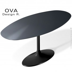 Table repas OVA, plateau ovale stratifié gris orage, piétement type tulipe ou trompette ovale noir mat ou brillant.