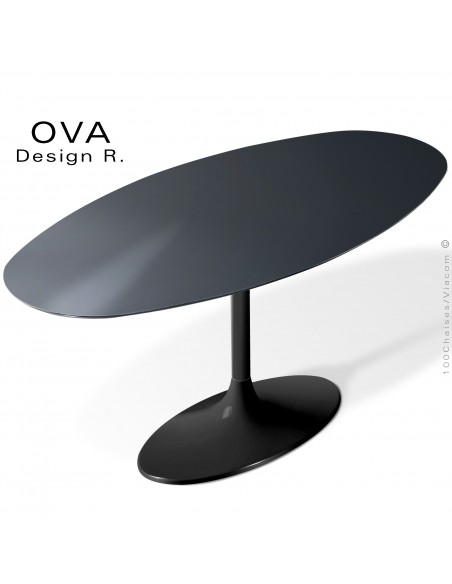 Table repas OVA, plateau ovale stratifié gris orage, piétement type tulipe ou trompette ovale noir mat ou brillant.
