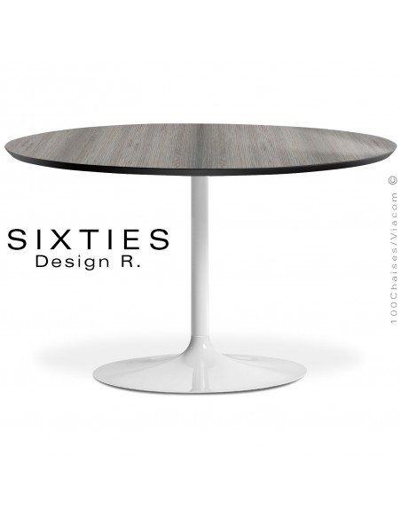 Table design ronde SIXTIES, piétement colonne centrale tulipe ou trompette, peint blanc, plateau stratifié chêne Iceland.