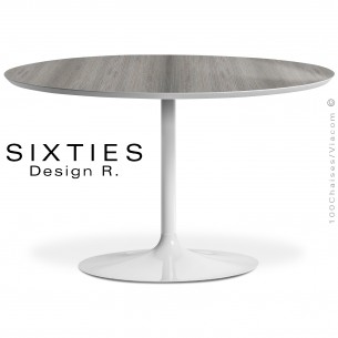 Table design ronde SIXTIES, piétement colonne centrale tulipe ou trompette, peint blanc, plateau stratifié chêne Iceland.