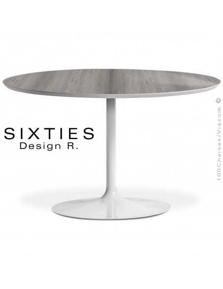 Table design ronde SIXTIES, piétement colonne centrale tulipe ou trompette, peint blanc, plateau stratifié chêne Iceland.