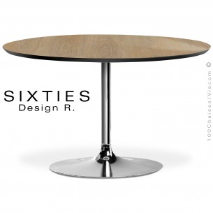 Table ronde design SIXTIES, piétement tulipe ou trompette, plateau rond placage stratifié HPL chêne Québec, chant blanc.
