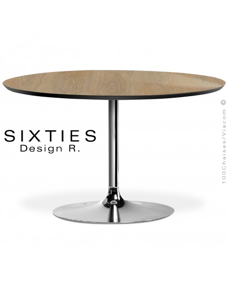 Table ronde design SIXTIES, piétement tulipe ou trompette, plateau rond placage stratifié HPL chêne Québec, chant blanc.