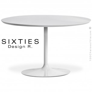 Table ronde design SIXTIES, piétement blanc mat, plateau stratifié HPL blanc mat, chant incliné blanc.