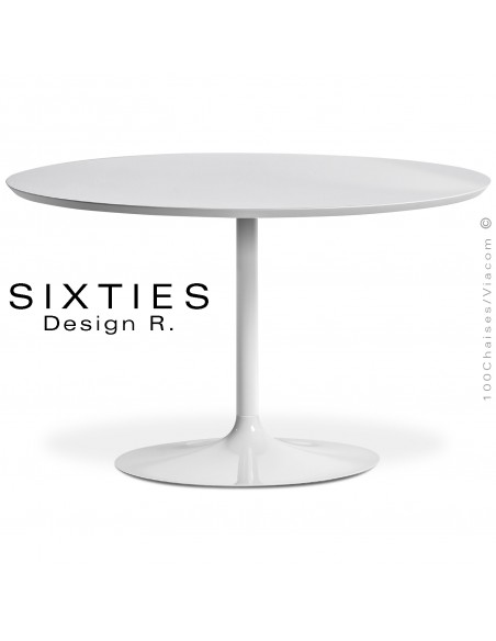 Table ronde design SIXTIES, piétement blanc mat, plateau stratifié HPL blanc mat, chant incliné blanc.