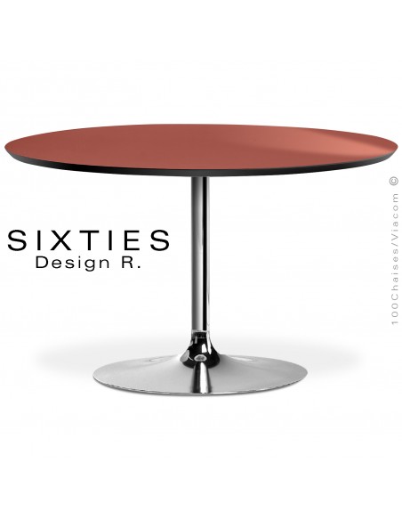 Table ronde design SIXTIES, piétement trompette en acier tourné chromé brillant, plateau stratifié vieux rose, chant noir.