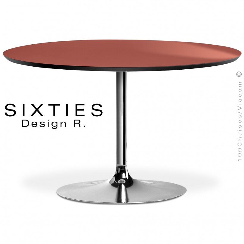 Table ronde design SIXTIES, piétement trompette en acier tourné chromé brillant, plateau stratifié vieux rose, chant noir.