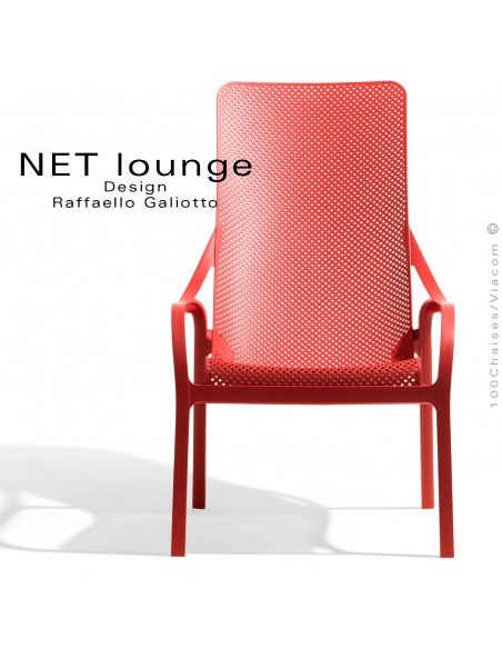 Fauteuil lounge NET, structure plastique, assise micro-perforé, couleur rouge corail, empilable.