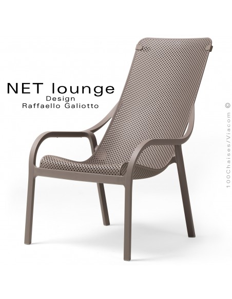 Fauteuil lounge NET, structure plastique, assise micro-perforé, couleur gris tourterelle, empilable.