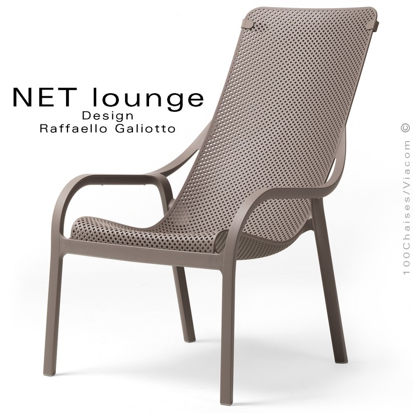 Fauteuil lounge NET, structure plastique, assise micro-perforé, couleur gris tourterelle, empilable.