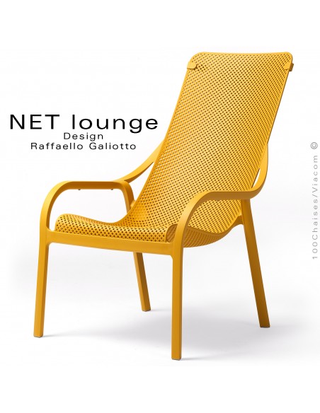 Fauteuil lounge NET, structure plastique, assise micro-perforé, couleur jaune moutarde, empilable.