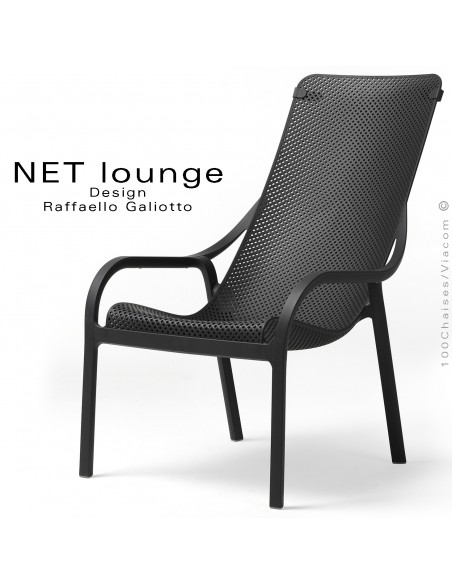 Fauteuil lounge NET, structure plastique, assise micro-perforé, couleur anthracite, empilable.