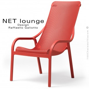 Fauteuil lounge NET, structure plastique, assise micro-perforé, couleur rouge corail, empilable.