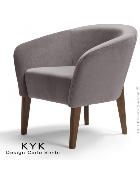 Fauteuil de salon KYK pieds bois wengé, assise et dossier garnis, habillage tissu synthétique, couleur gris.
