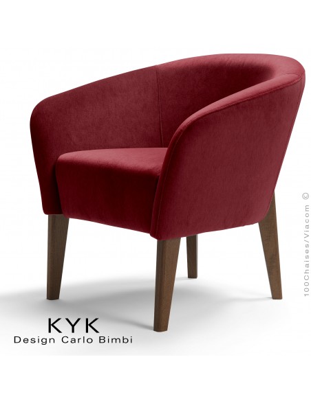 Fauteuil de salon KYK pieds bois wengé, assise et dossier garnis, habillage tissu synthétique, couleur rouge vin.