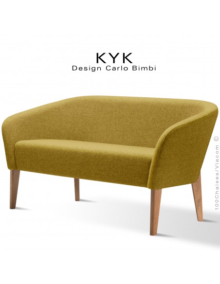 Banquette ou canapé KYK pieds bois, assise et dossier garnis, habillage tissu tissé synthétique Medley couleur jaune.